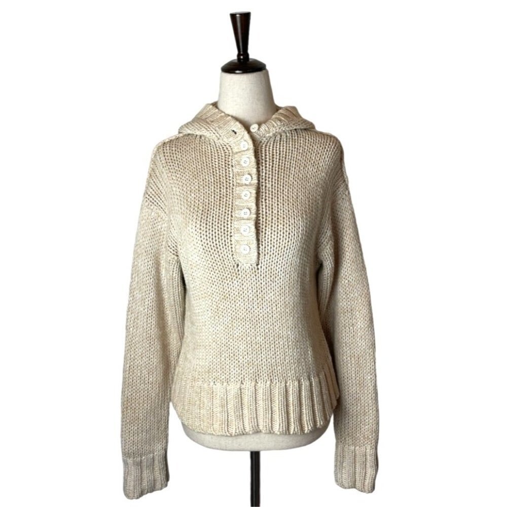 Soft Surroundings Beige Cotton Button Front‎ Hooded Knit Pullover Sweater Size S